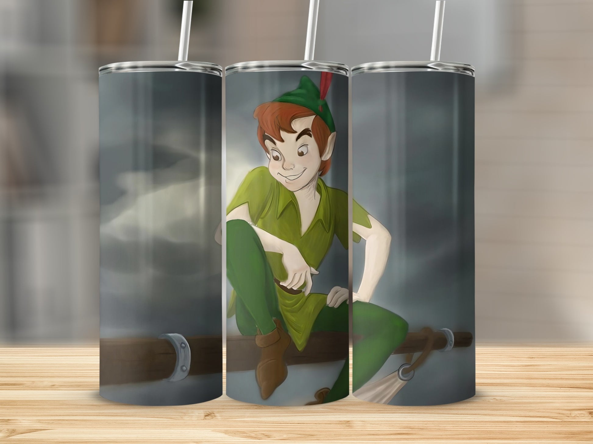 Peter Pan on a broom drink tumbler fantasy art
