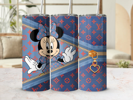 Minnie Mouse on denim background with LV pattern and gold zipper.