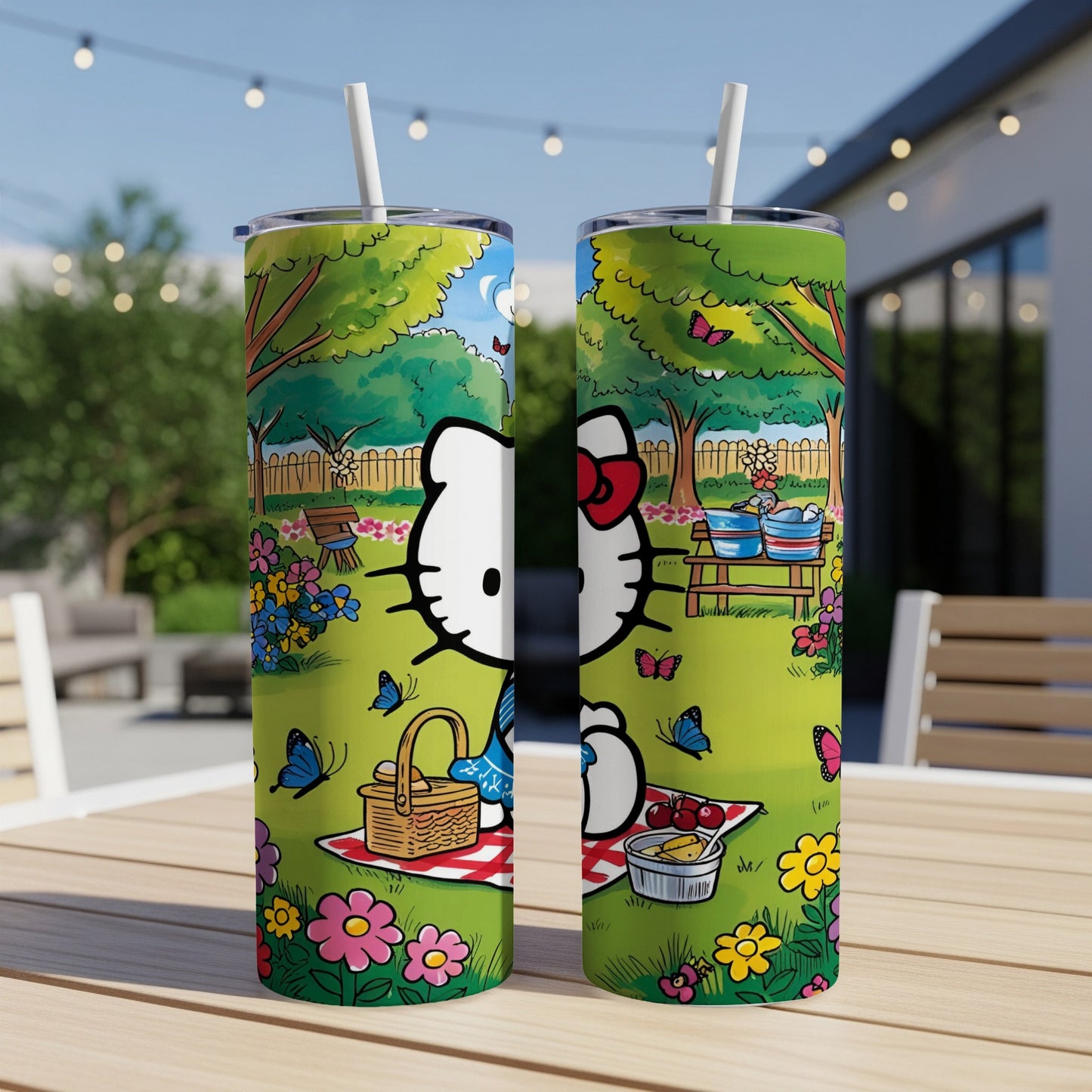 Hello Kitty picnic pattern on two tumblers with straws.