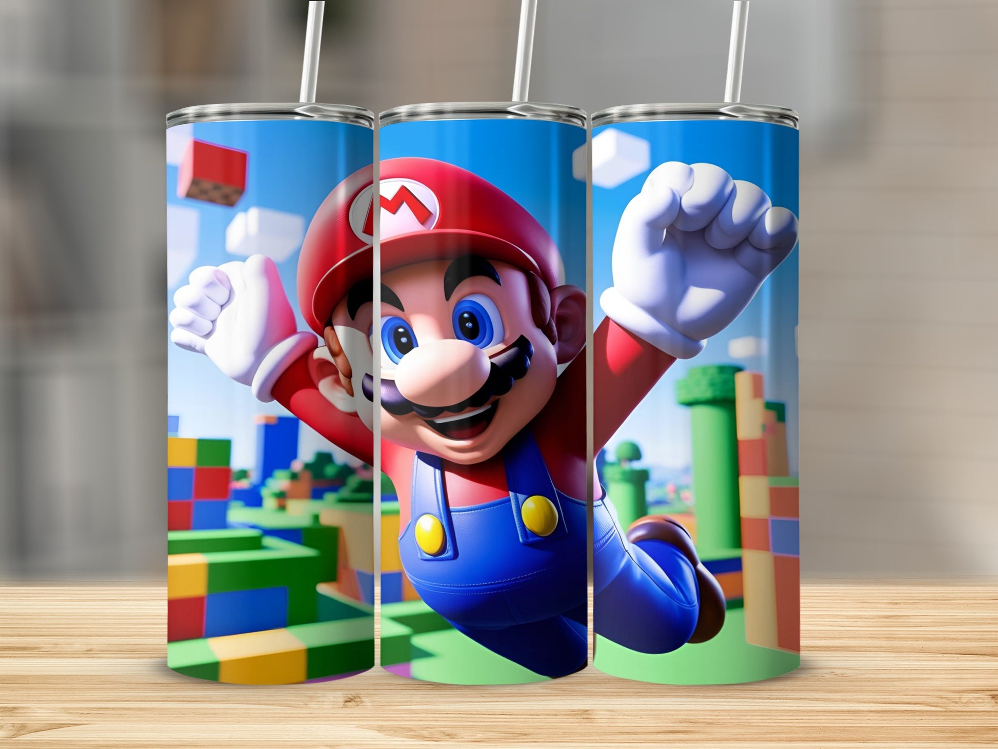 Mario in a dynamic jumping pose on a Mario level.