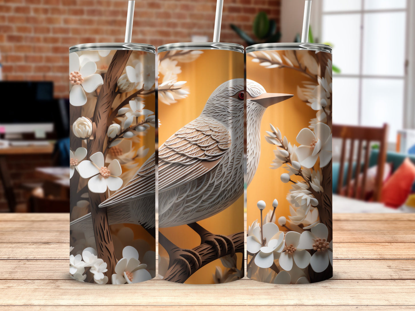 Artistic Bird White Flowers Tree Branch Golden Sky product type
