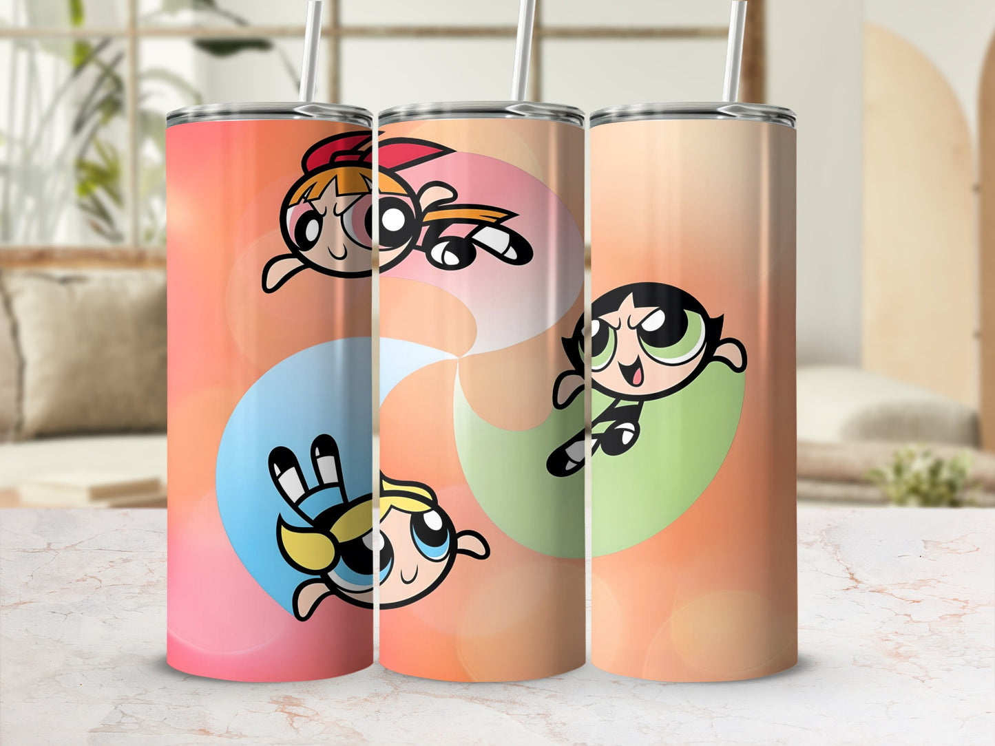 Colorful tumblers decorated with Powerpuff Girls design