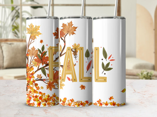 White tumbler with falling autumn leaves and "FALL" text.