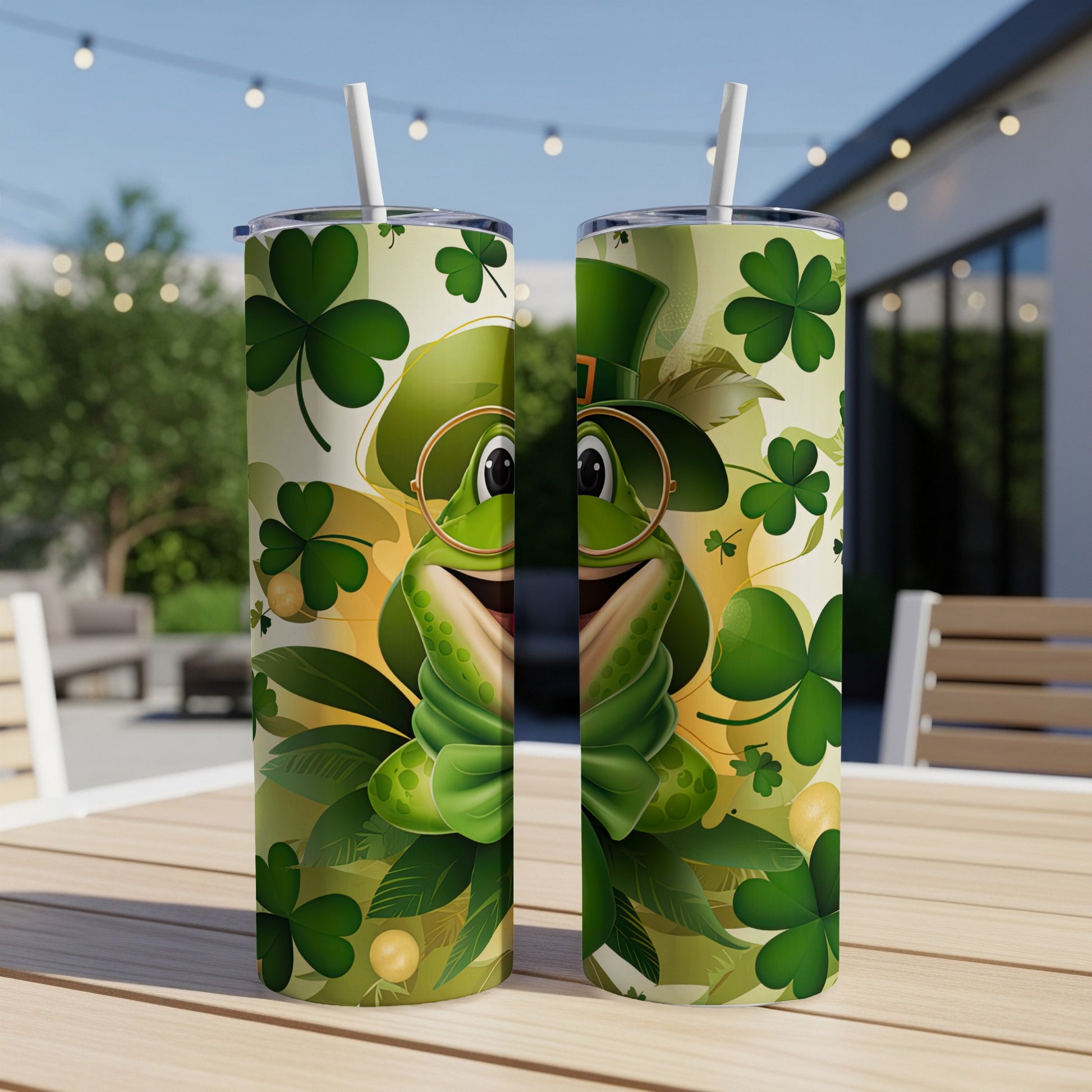 Green frog in a top hat and glasses with shamrocks on a St. Patrick's Day tumbler.
