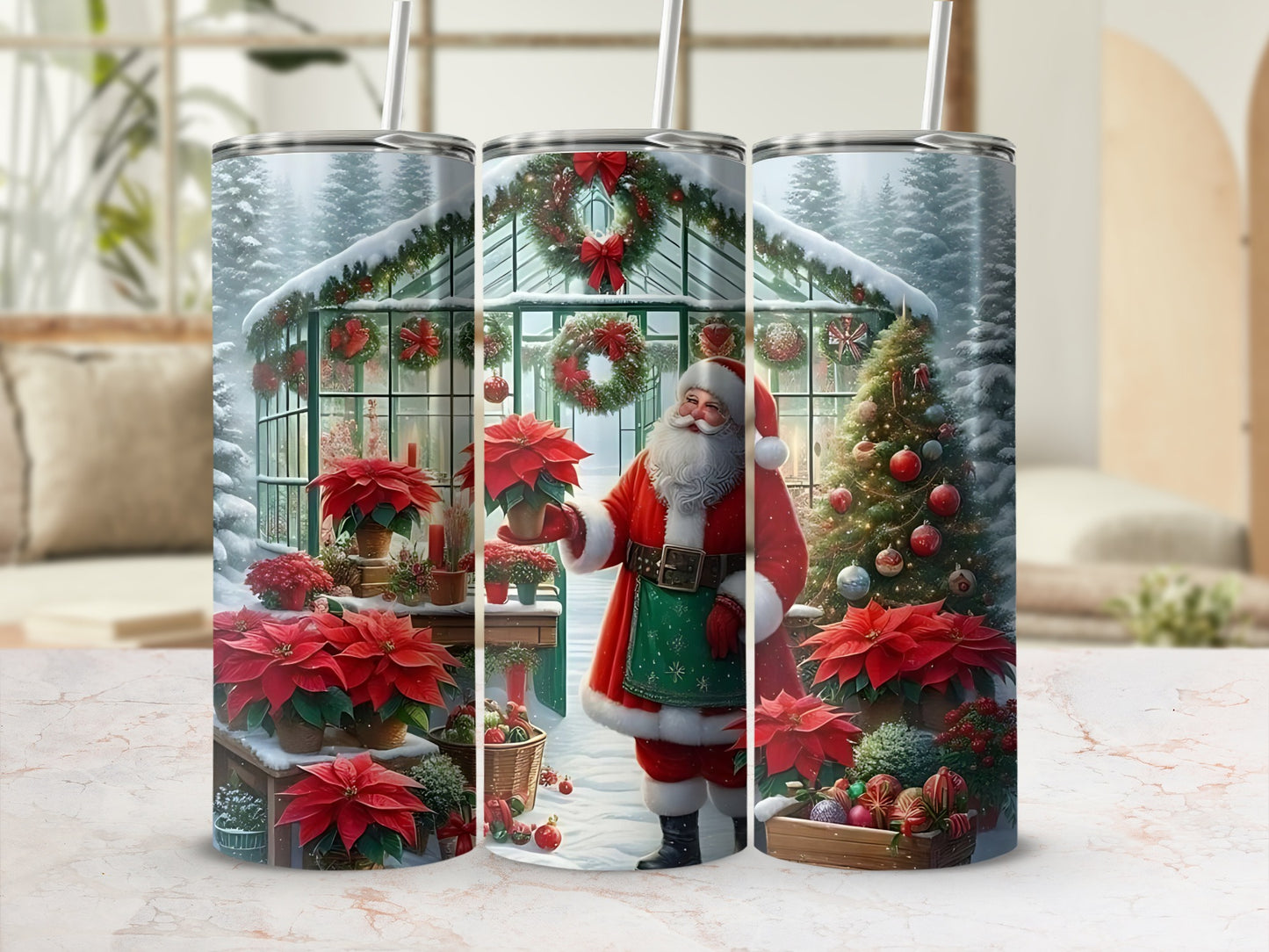 Festive Santa and Poinsettias Christmas Tumbler