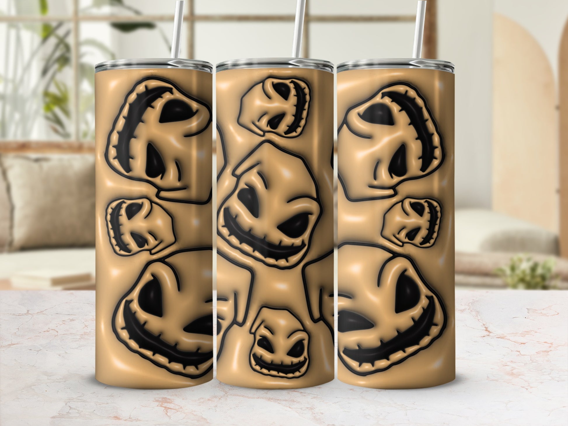 Spooky Grinning Pumpkin Faces Design Tumbler Product