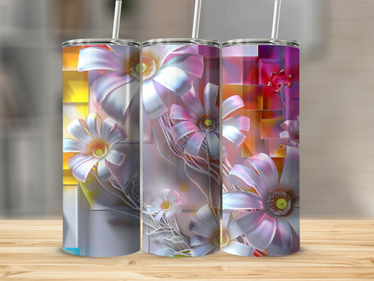 Three tumblers with pastel floral and geometric designs.
