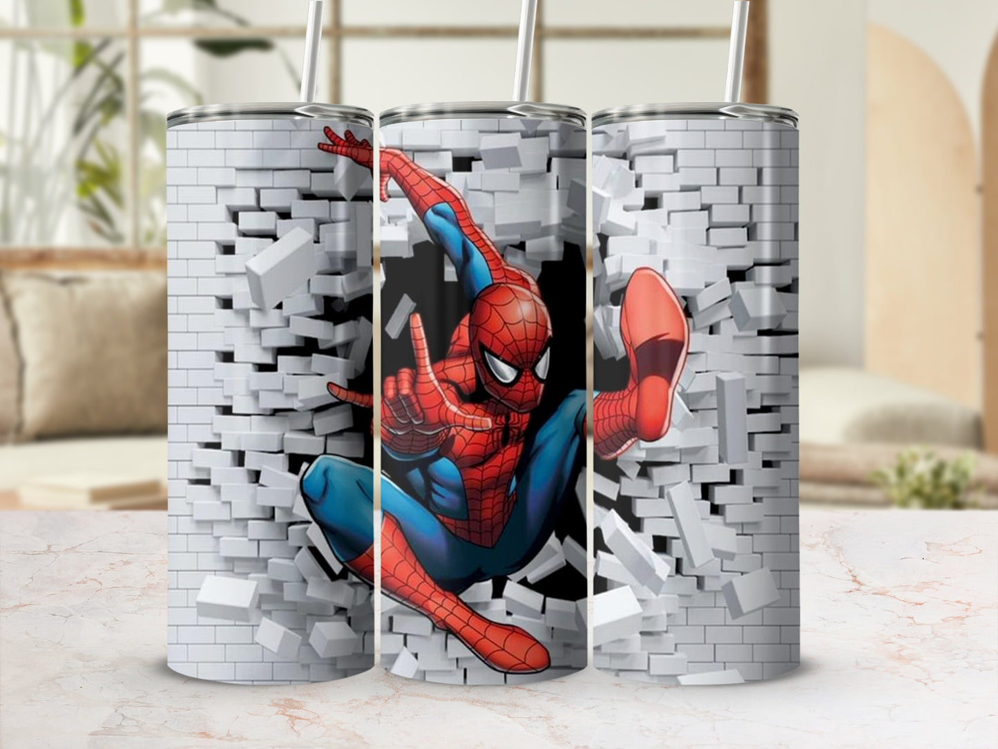 Spider-Man breaking through a brick wall.