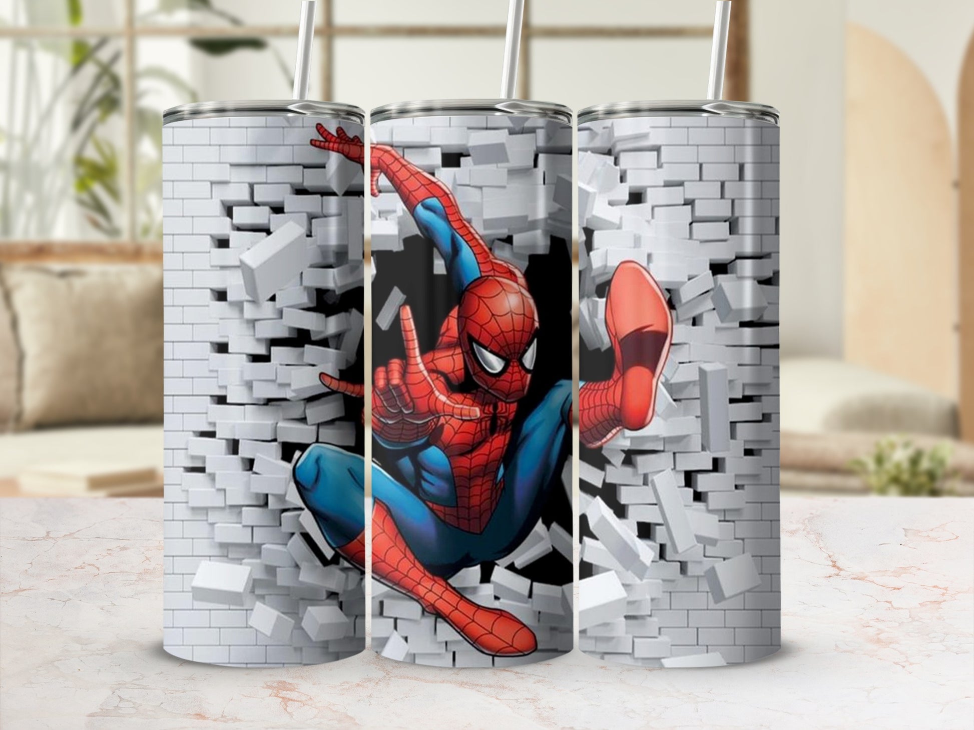 Spider-Man breaking through a brick wall.