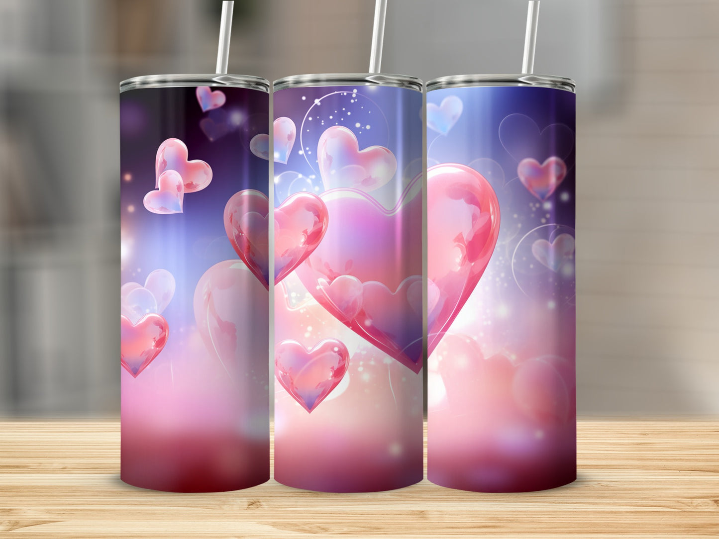 Heart-themed Pink and Purple Tumbler with Straw