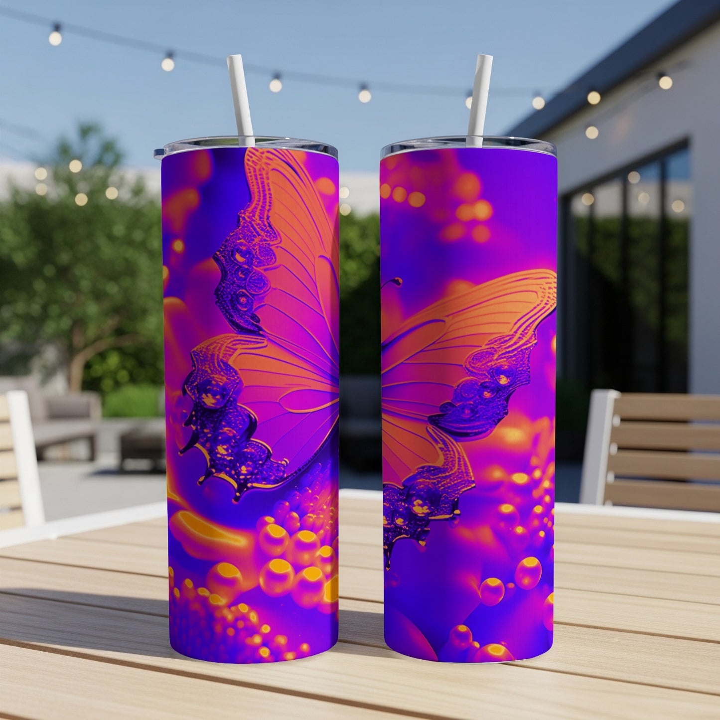 Two tall, narrow tumblers with a vibrant orange and purple butterfly design.