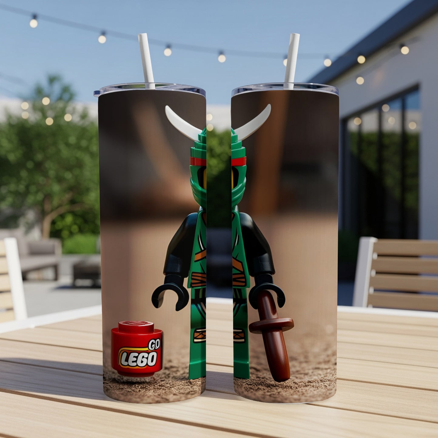Two LEGO Ninjago characters on a tumbler with a GO LEGO logo.