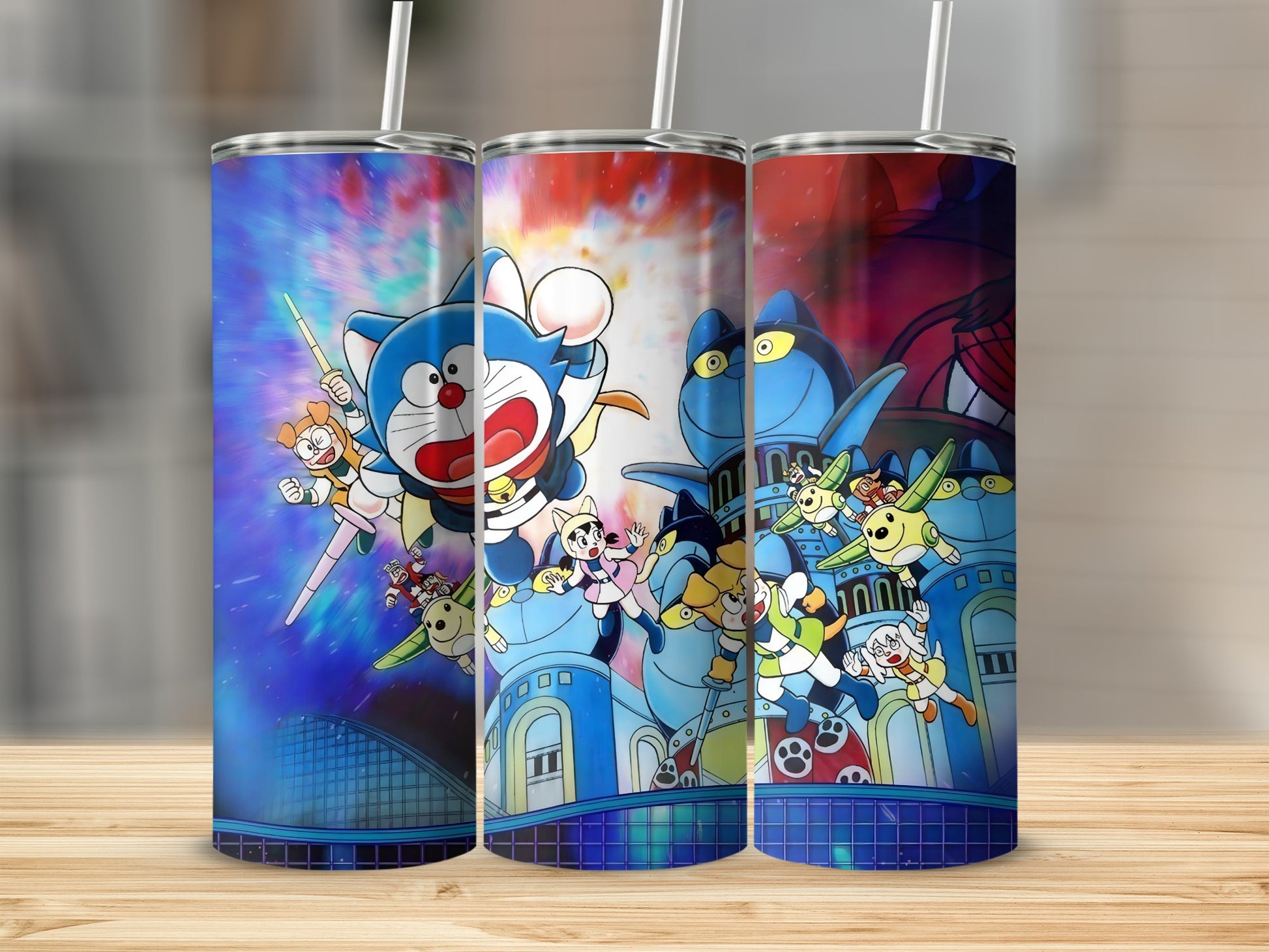 Cartoon Cat Adventure Scene on Colorful Tumbler