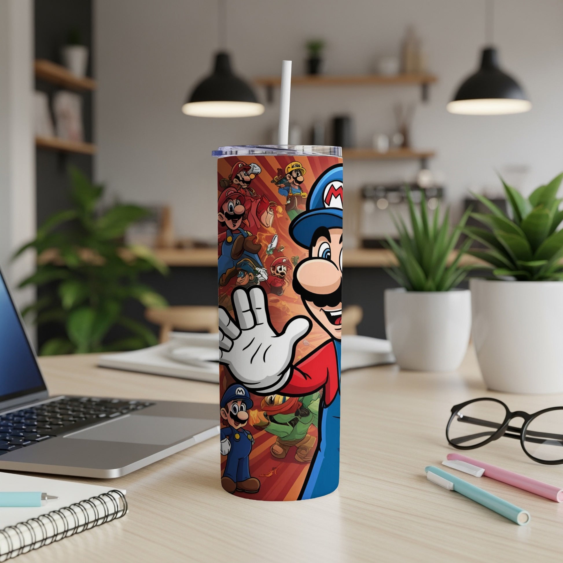 Super Mario characters on a blue tumbler with a white straw.
