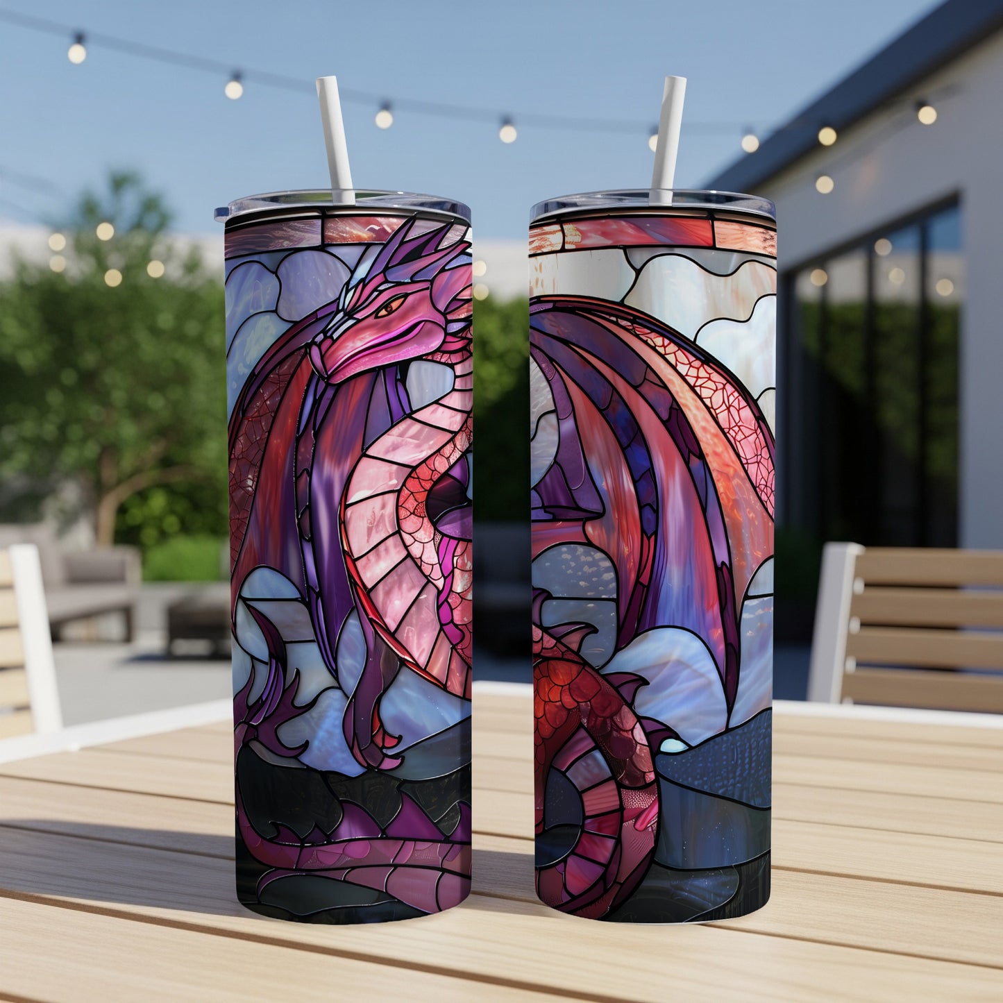 Two tumblers featuring a stained glass dragon design.