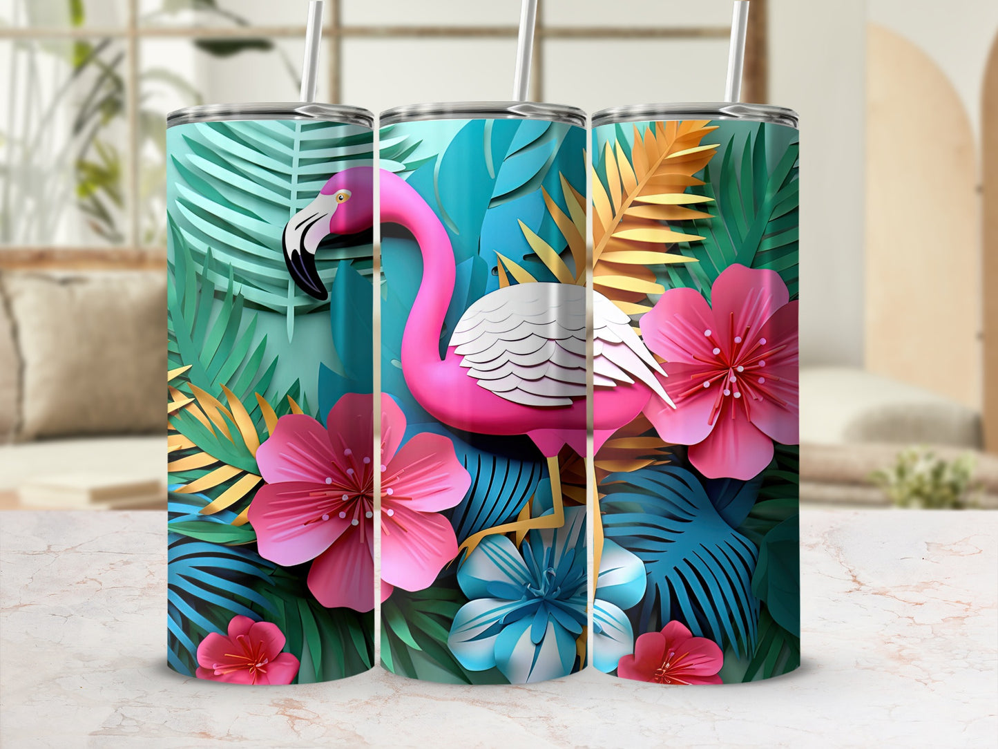 Tropical Floral Flamingo Print Insulated Tumbler Cup