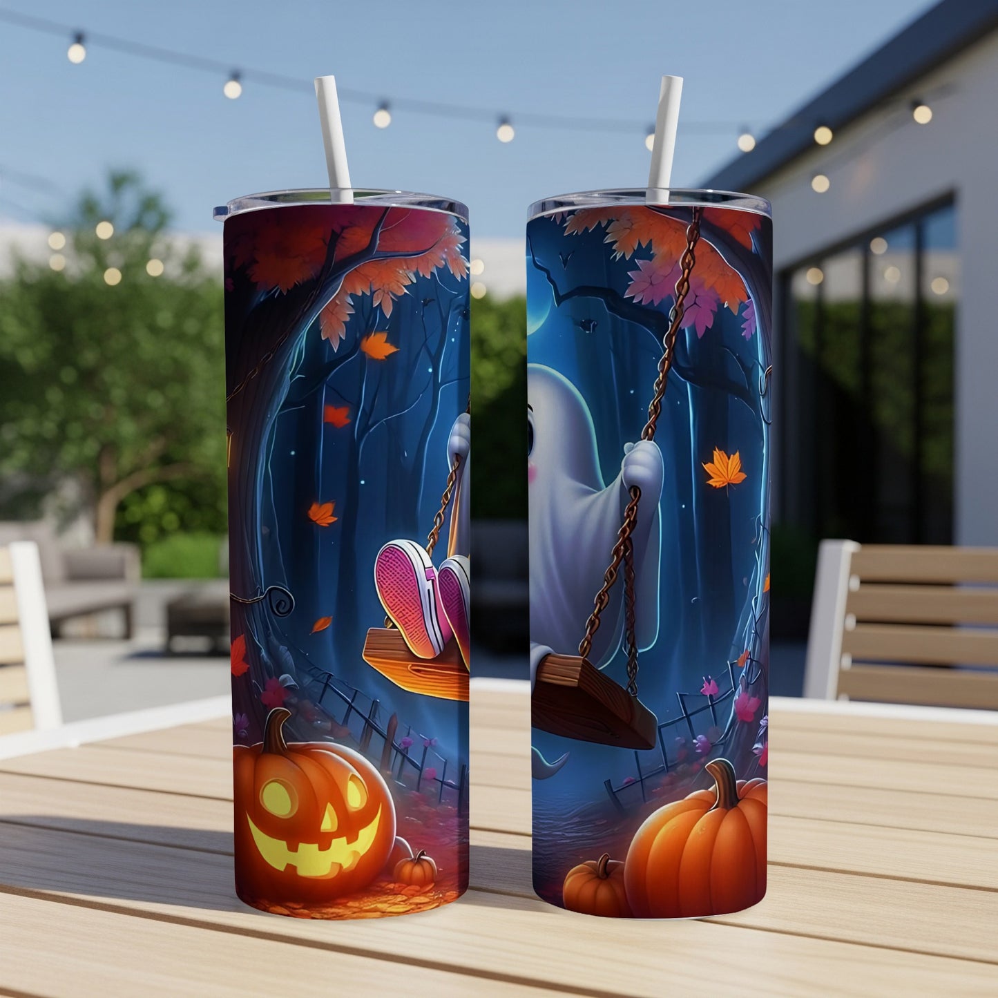 Halloween tumblers with ghost swinging on a swing and pumpkins, set outdoors.