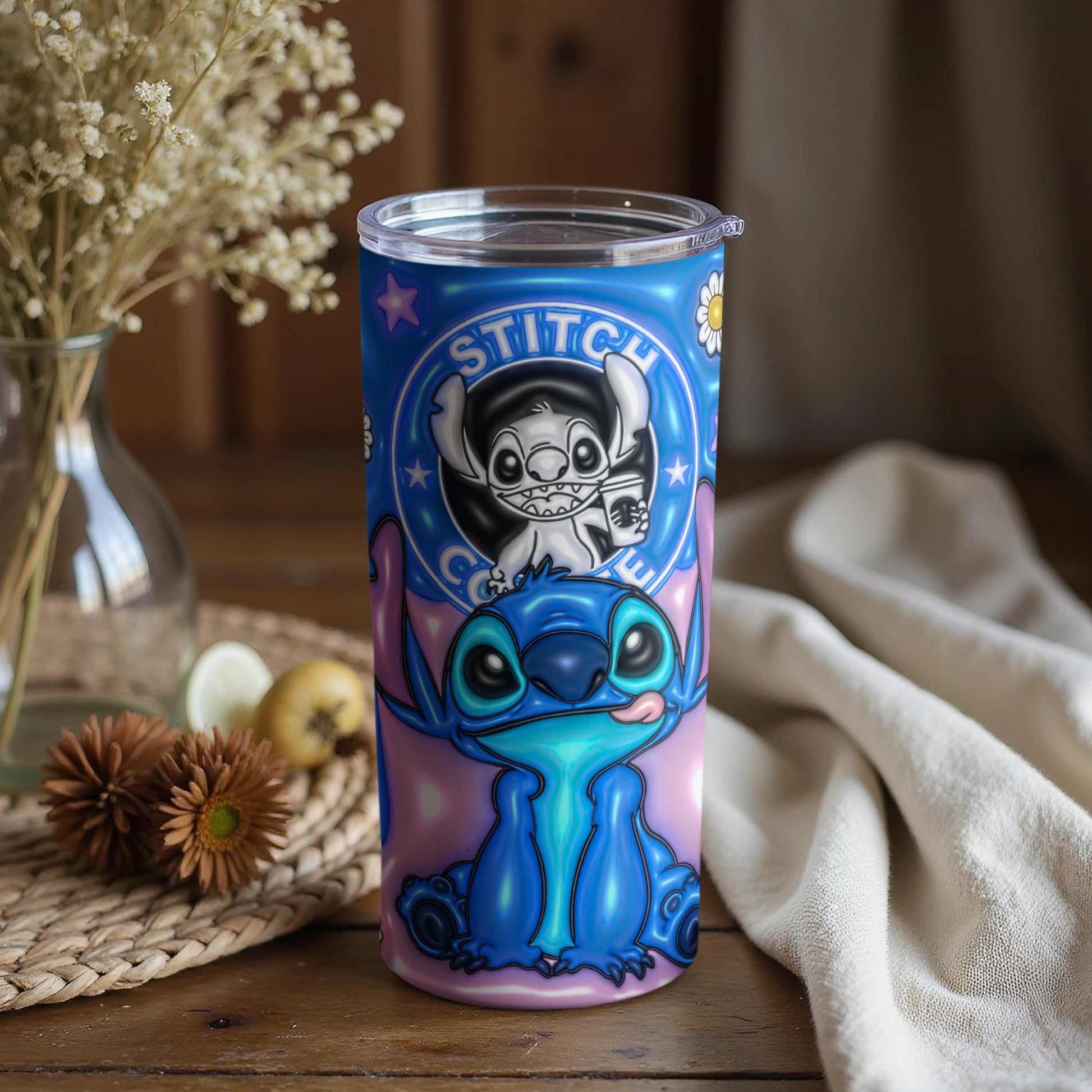 Colorful Stitch Tumbler with Floral Accent and Starry Background