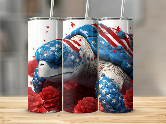 Turtle tumbler with patriotic stars and stripes, surrounded by red roses.
