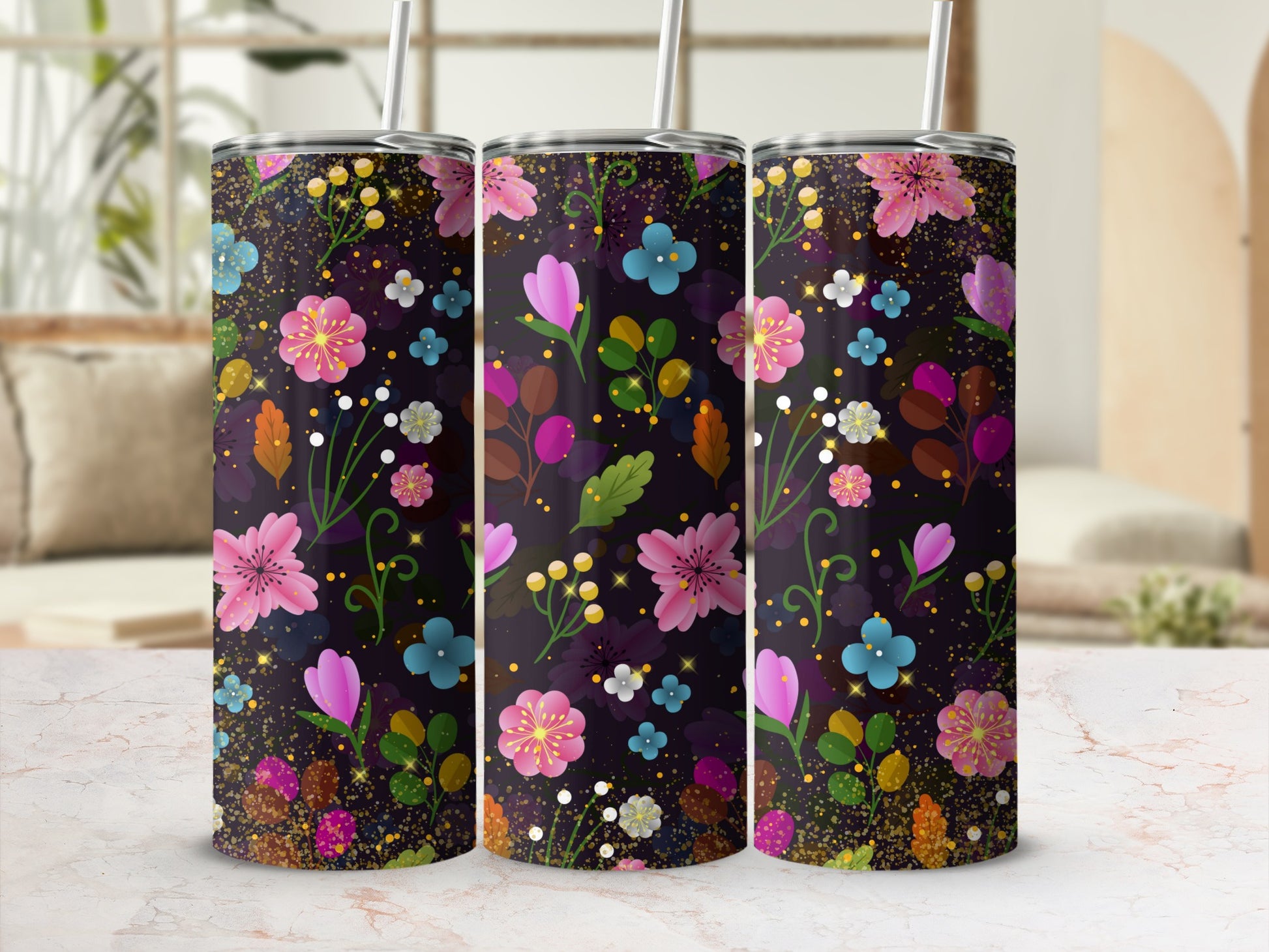 Vibrant Floral Design on Dark Background tumbler product