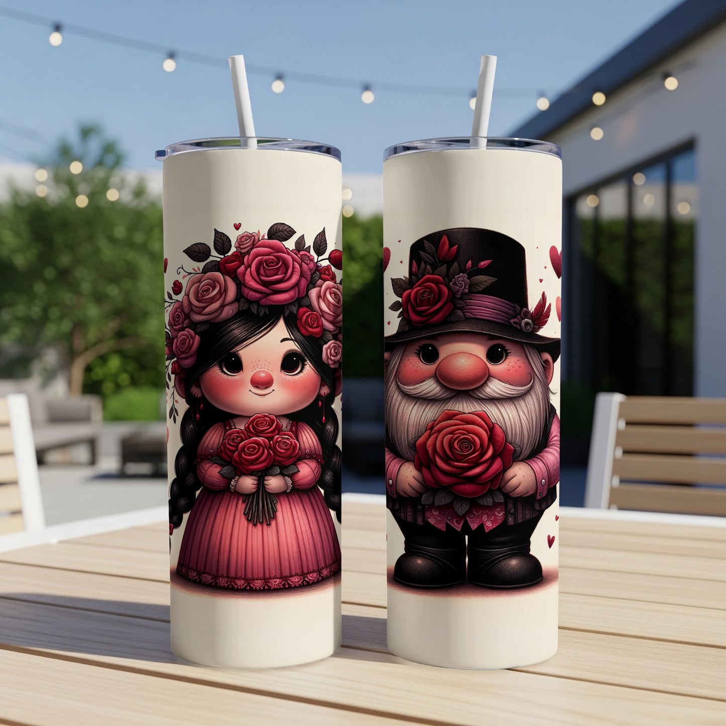 Two tumblers with gnome couple illustrations and floral designs.