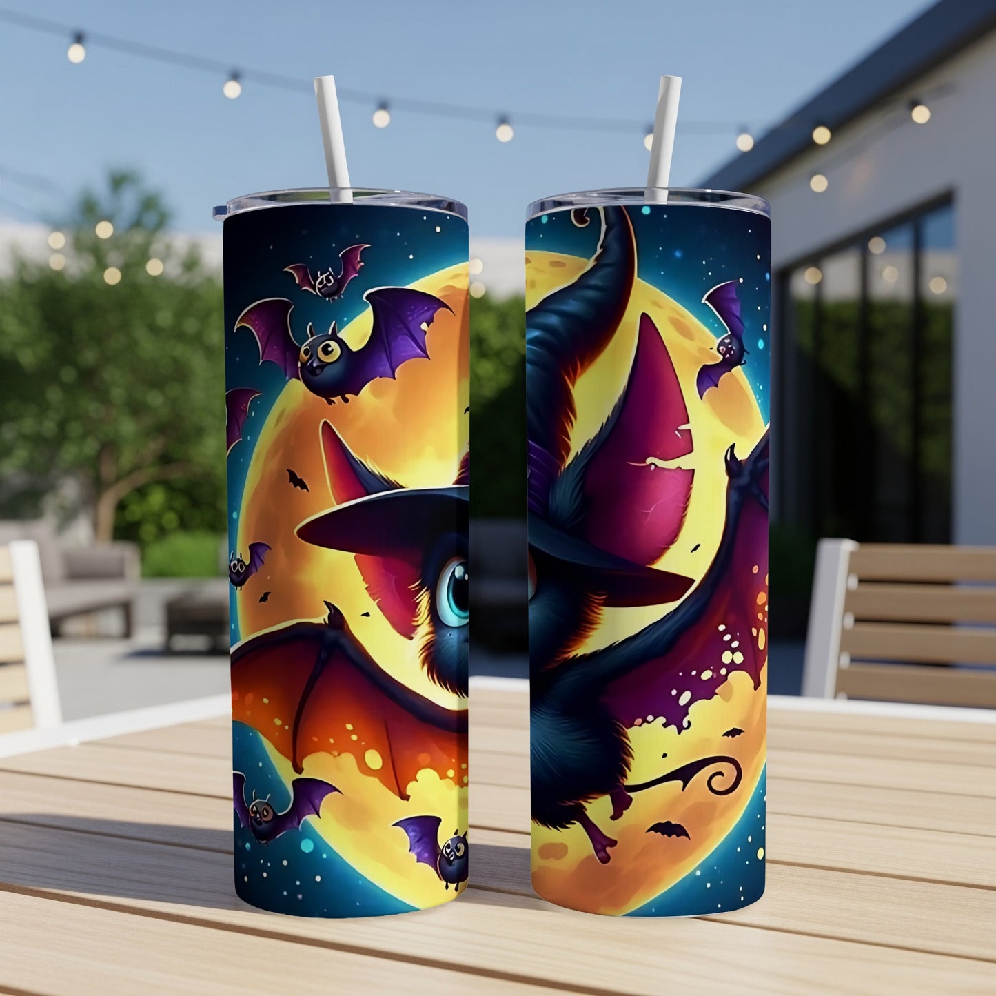 Two tumblers featuring cartoon bats flying in front of a large moon and night sky.