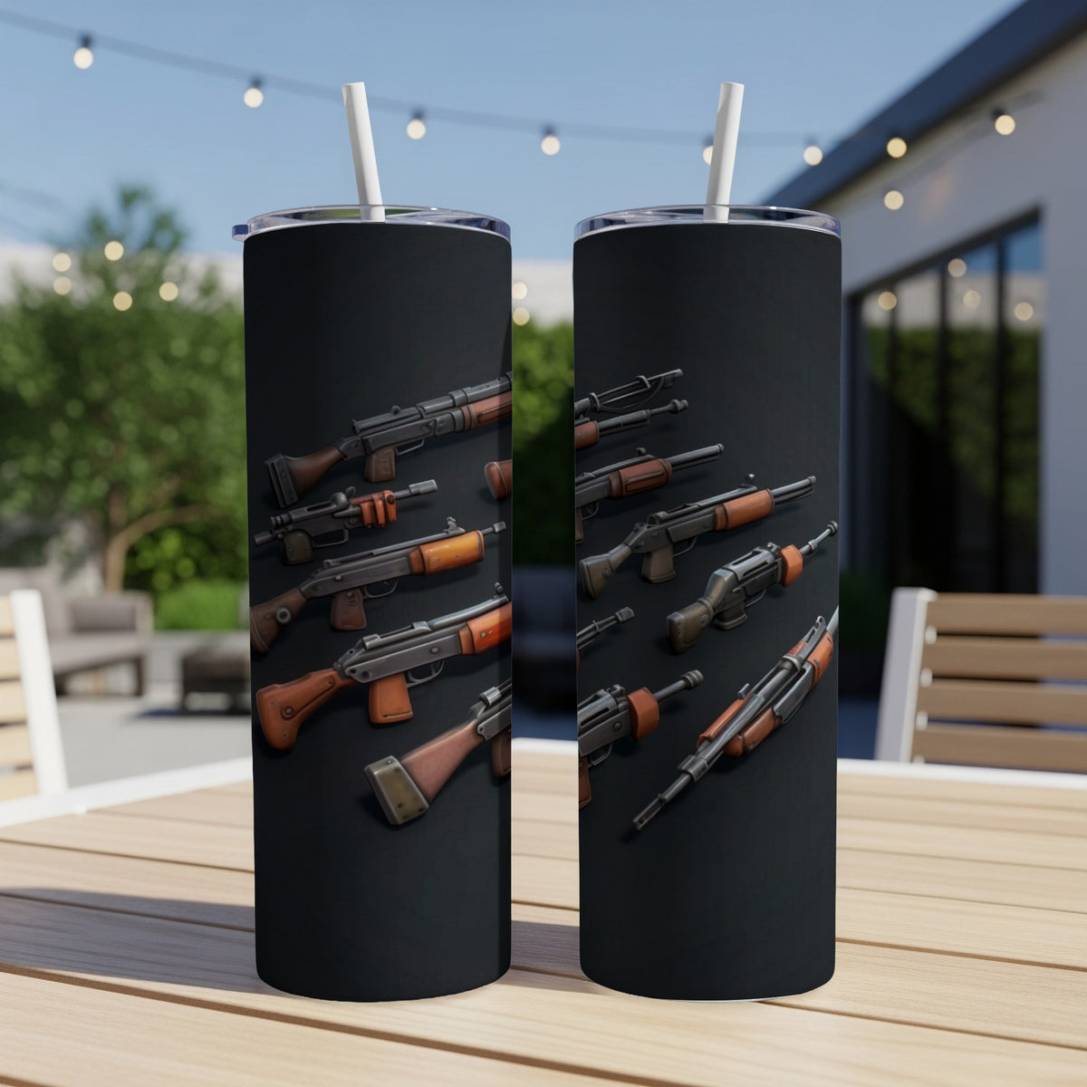 Two tumblers with a repeating pattern of assorted rifles on a black background.