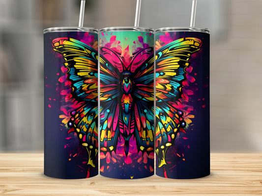 Three tumblers featuring a colorful, abstract butterfly design.