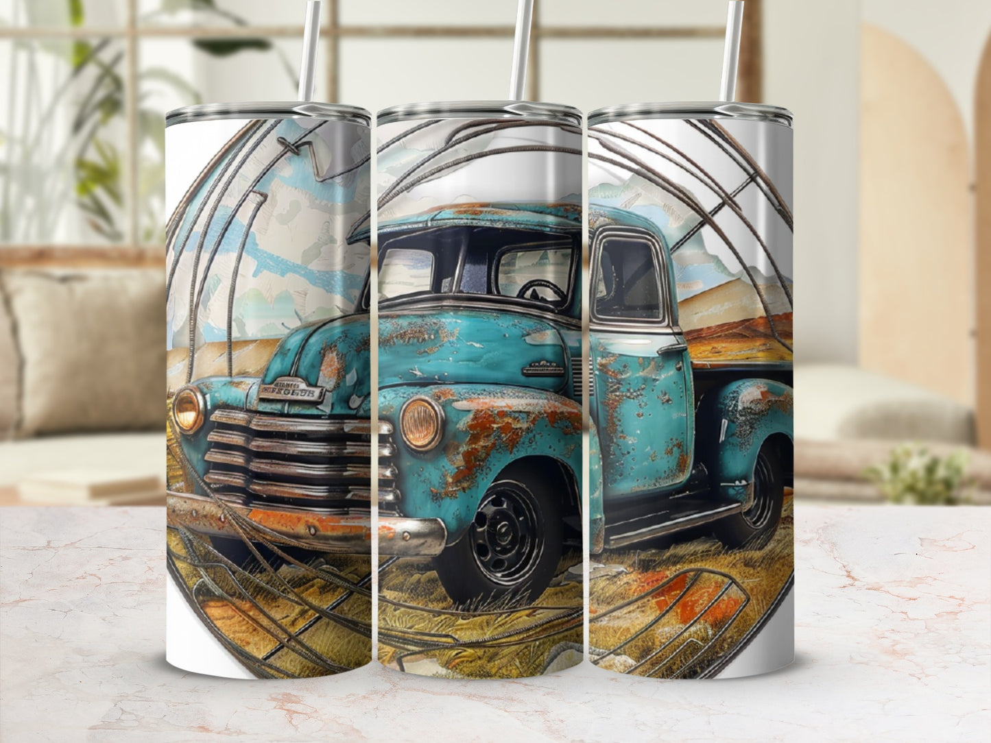 Vintage teal pickup truck with rust details on a landscape background.