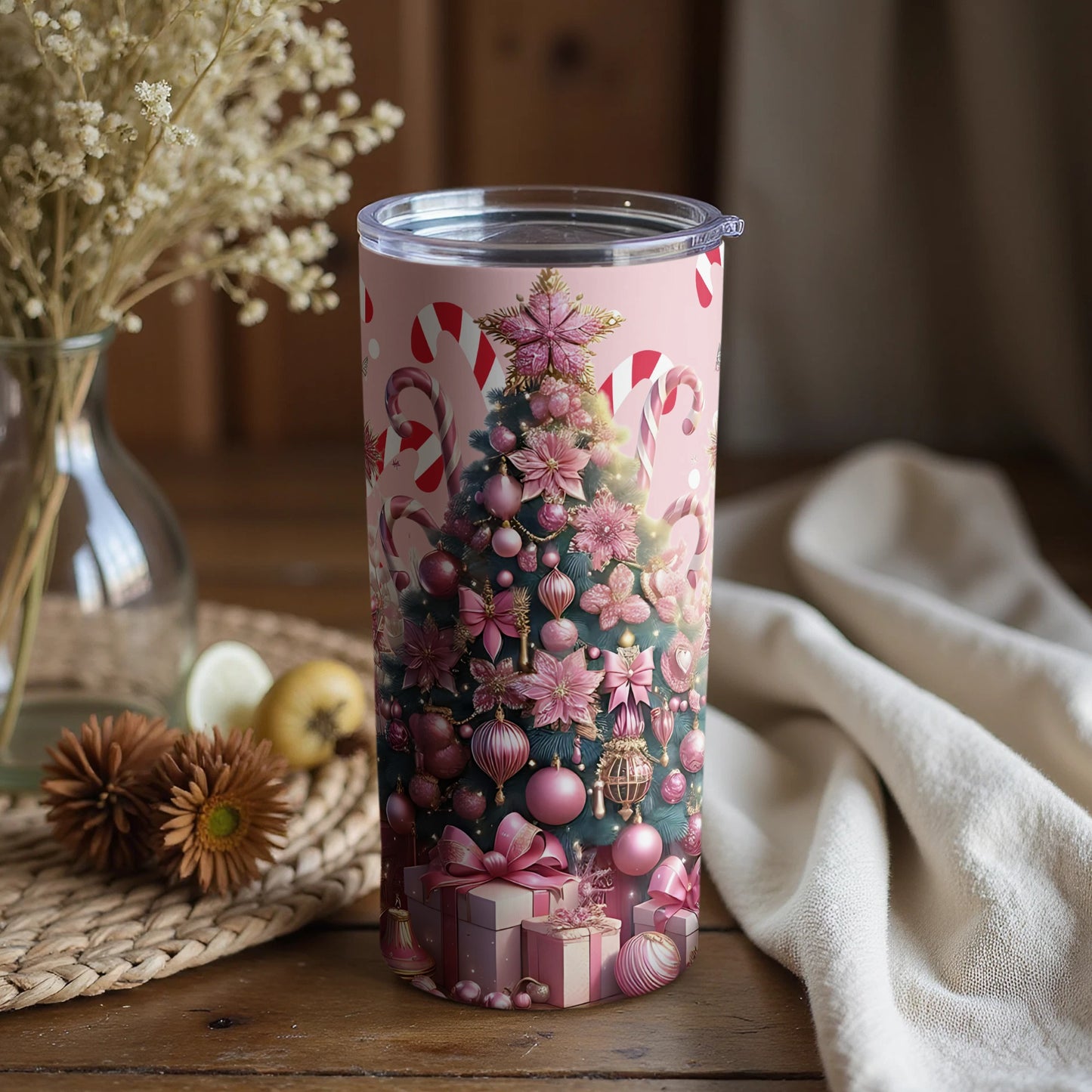 Beautiful Christmas Tree Tumbler with Pink Ornaments