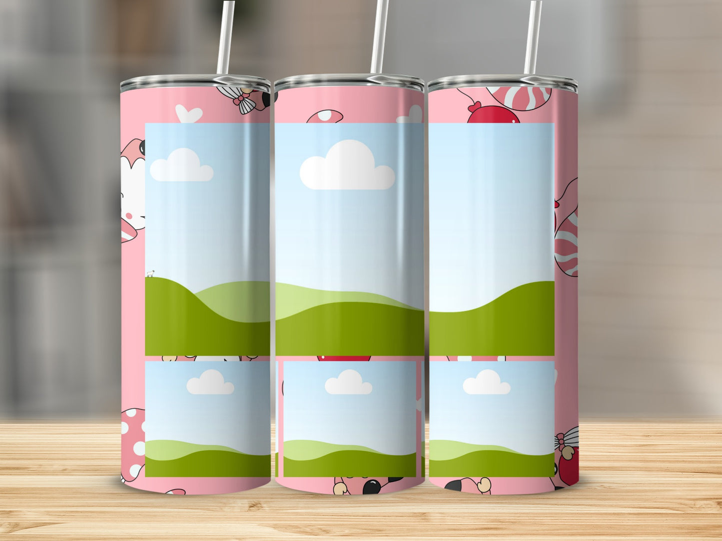 Three pink tumblers with a cartoon cat pattern and photo placeholder areas.