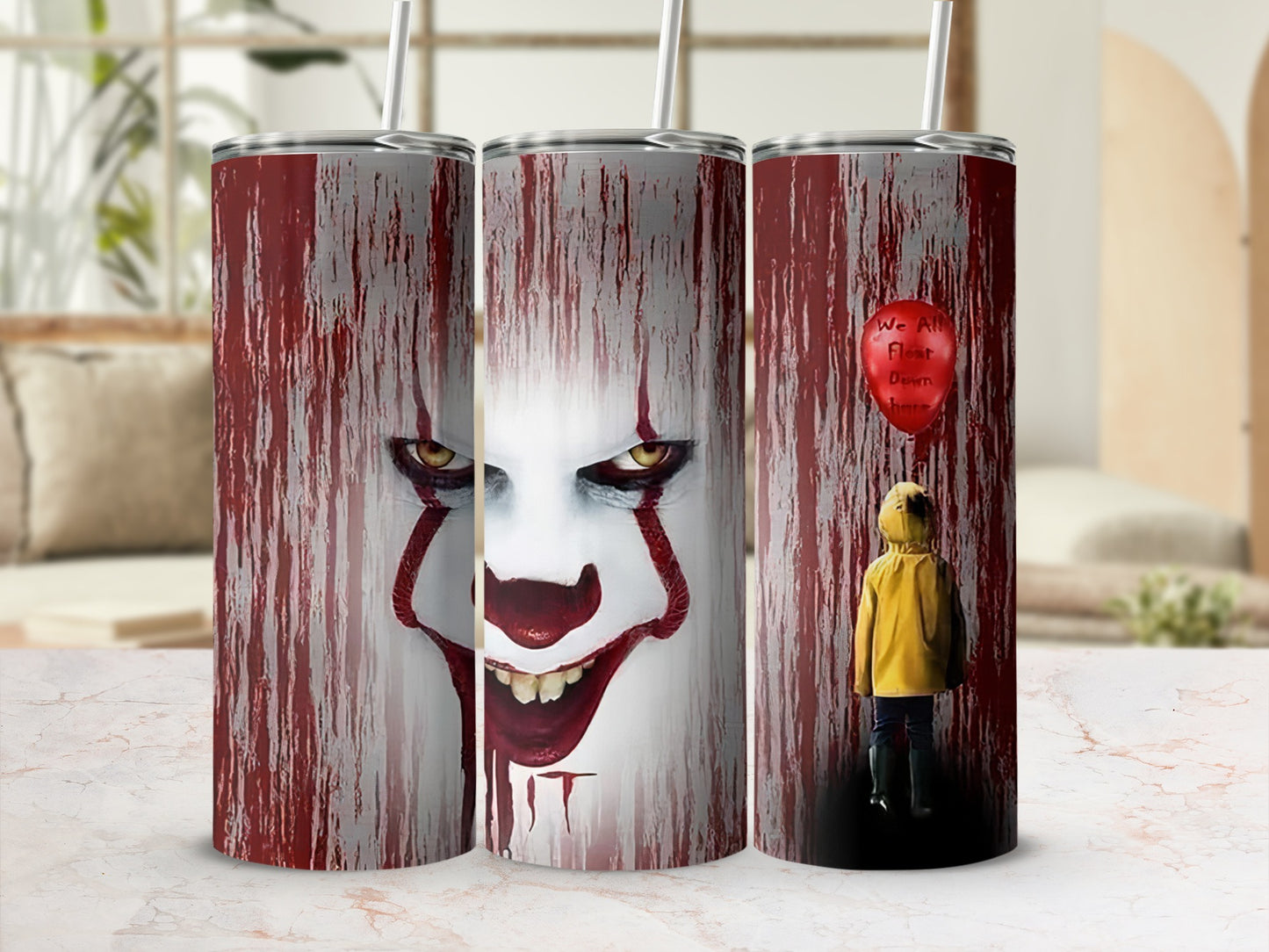 Tumblers featuring Pennywise the Clown and a child in a yellow raincoat with a red balloon.