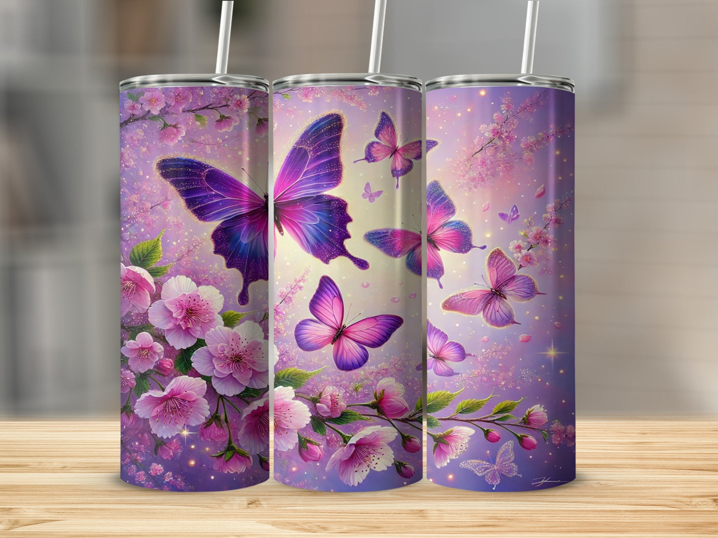 Beautiful Purple Butterfly and Cherry Blossom Tumblers