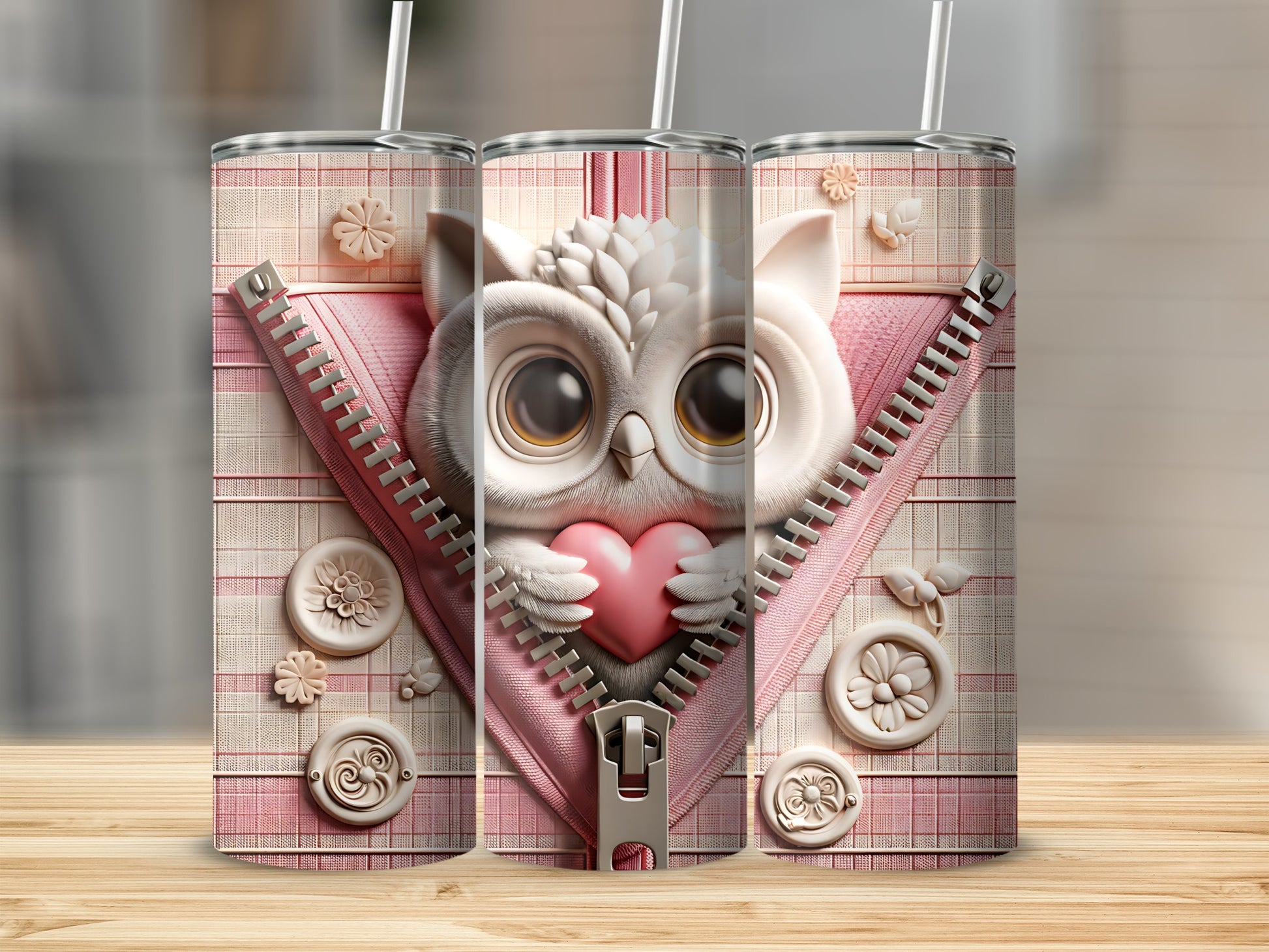Pink striped tumbler with a cute owl holding a heart, partially revealed by a zipper.
