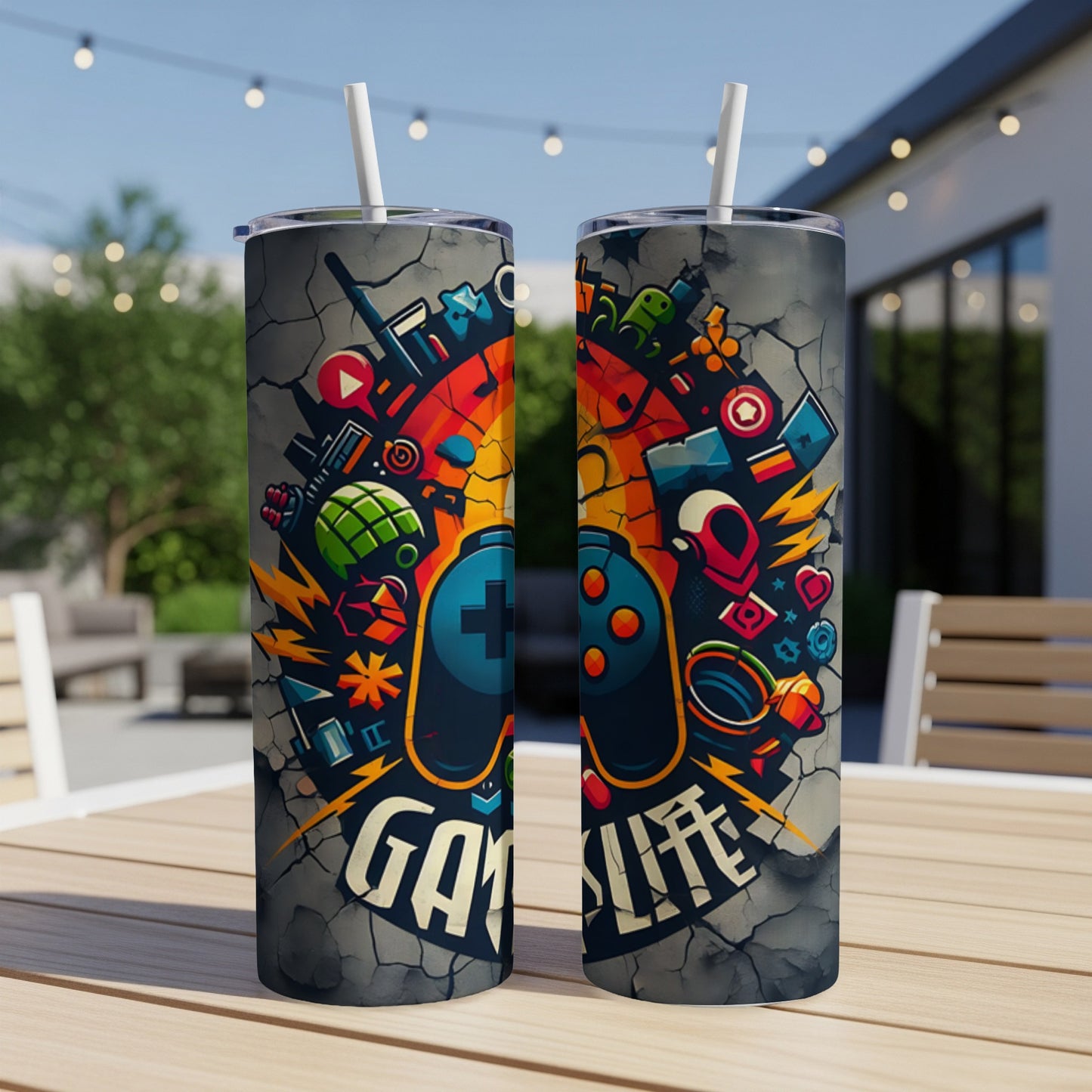 Gamer life tumbler with a controller, game icons, and abstract designs.