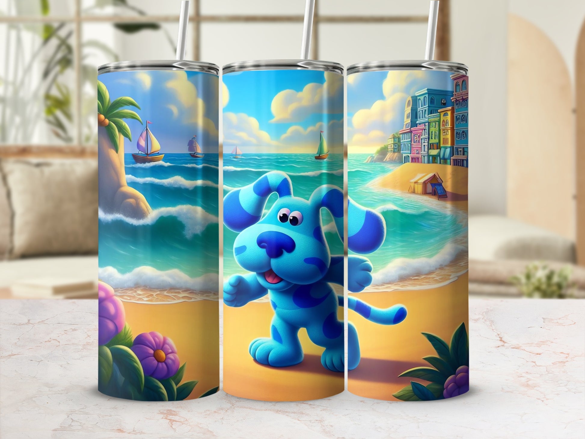 Blue Cartoon Dog with Beach and Ocean Scene Tumbler