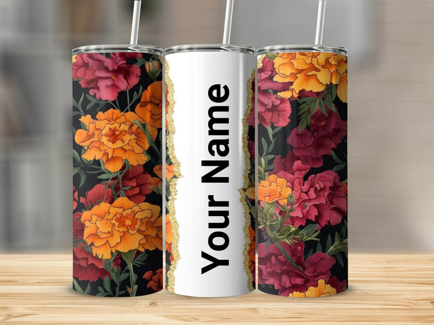 Personalized Floral Design Insulated Tumbler with Straw