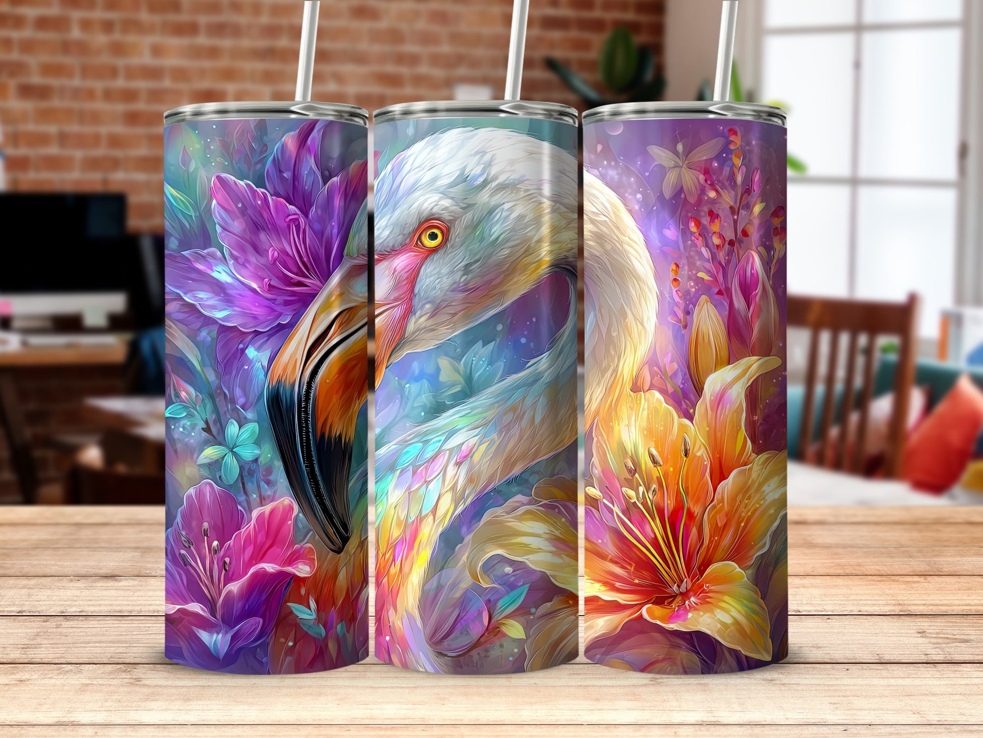 Colorful Artistic Flamingo and Floral Pattern Tumbler