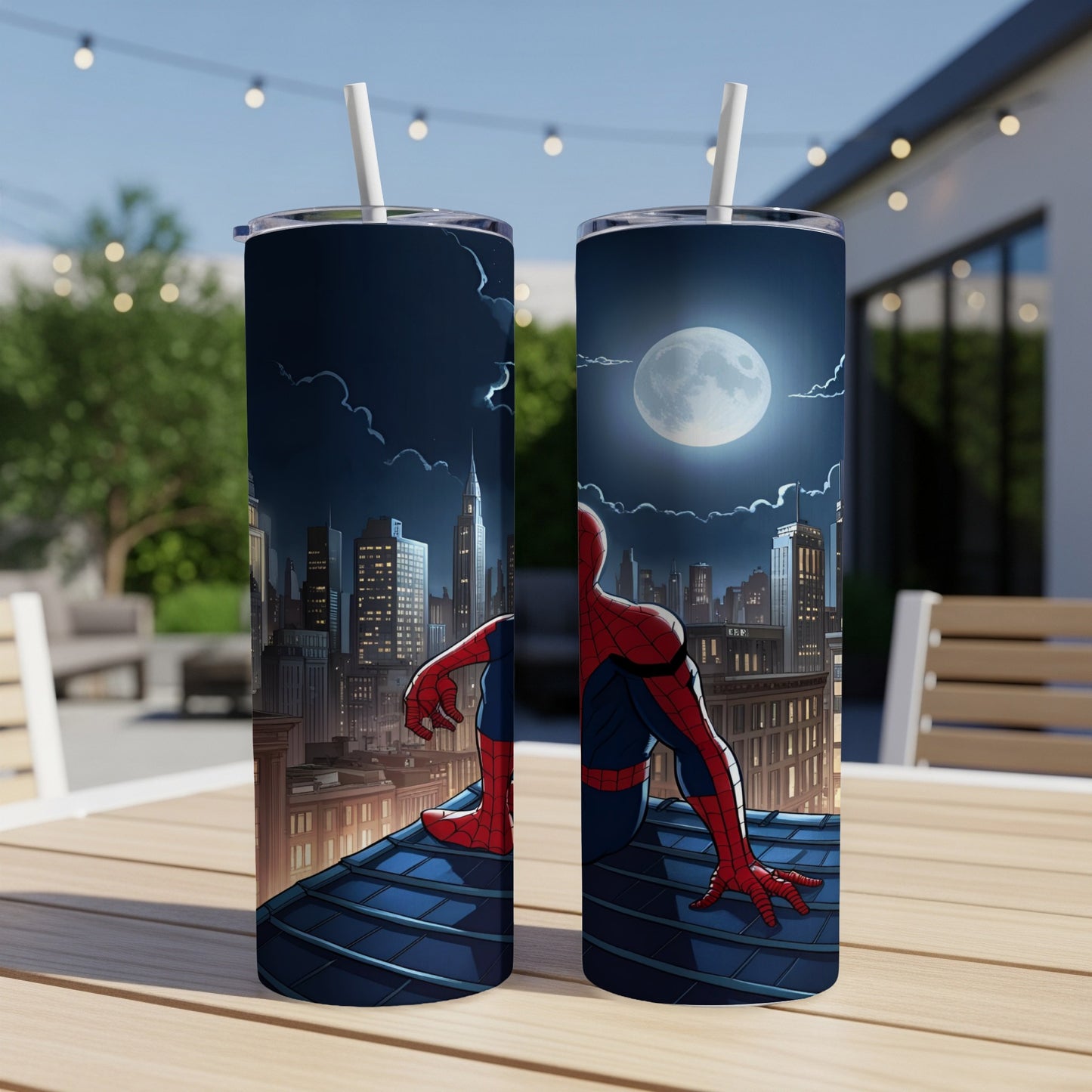 Spider-Man sits on a rooftop overlooking a city at night under a full moon.