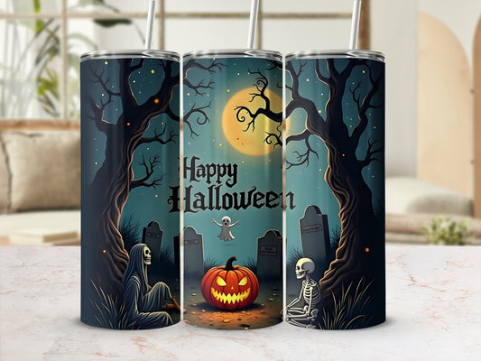 Three tumblers with a "Happy Halloween" design featuring a pumpkin, ghost, skeletons, and graves.