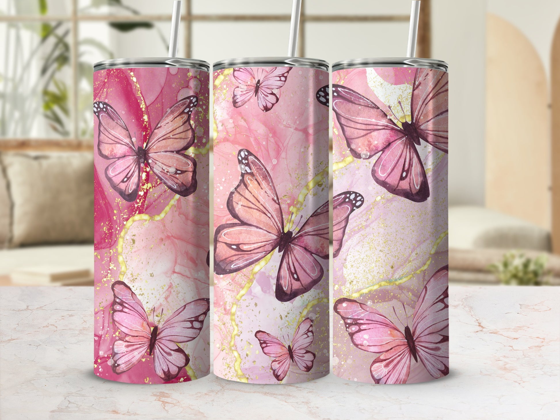 Pink Butterfly Printed Tumblers for Stylish Hydration