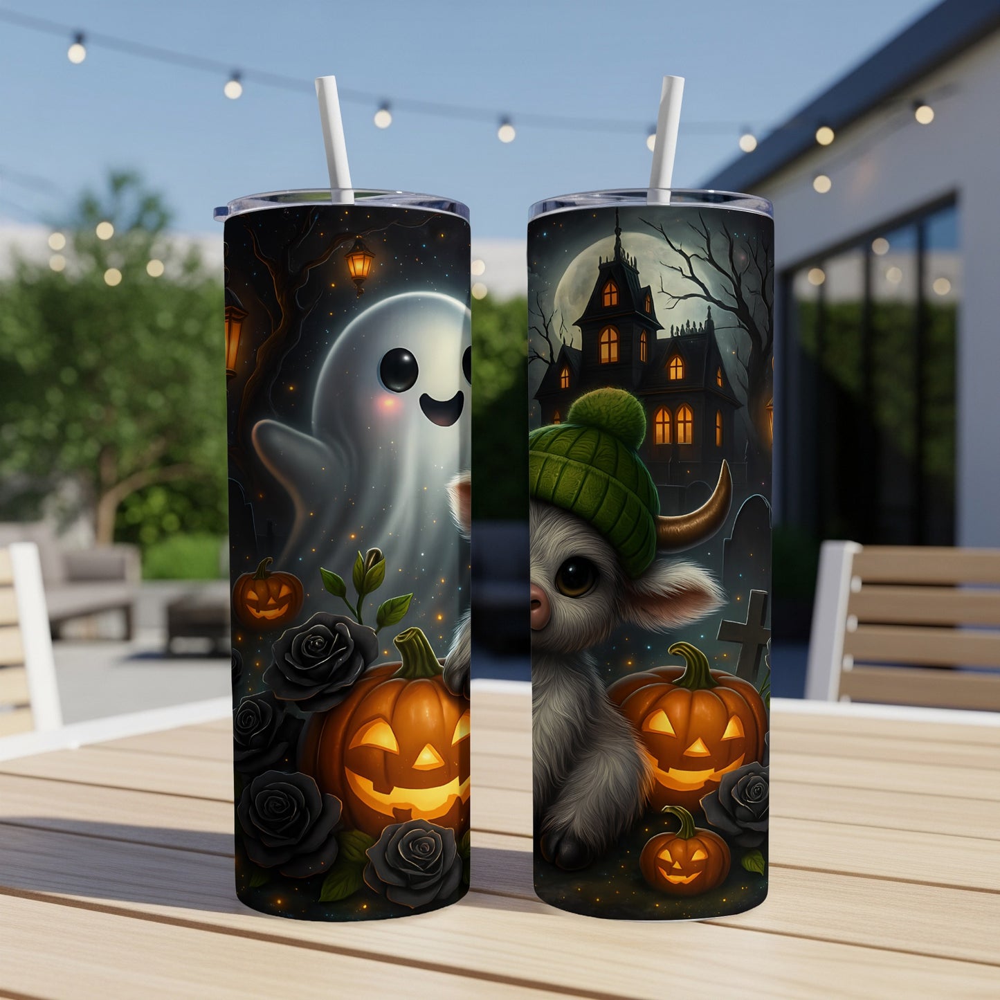 Two tumblers with Halloween designs: a ghost and a goat with pumpkins and black roses.