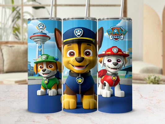 Paw Patrol characters Chase, Marshall, and Rubble on blue tumblers.