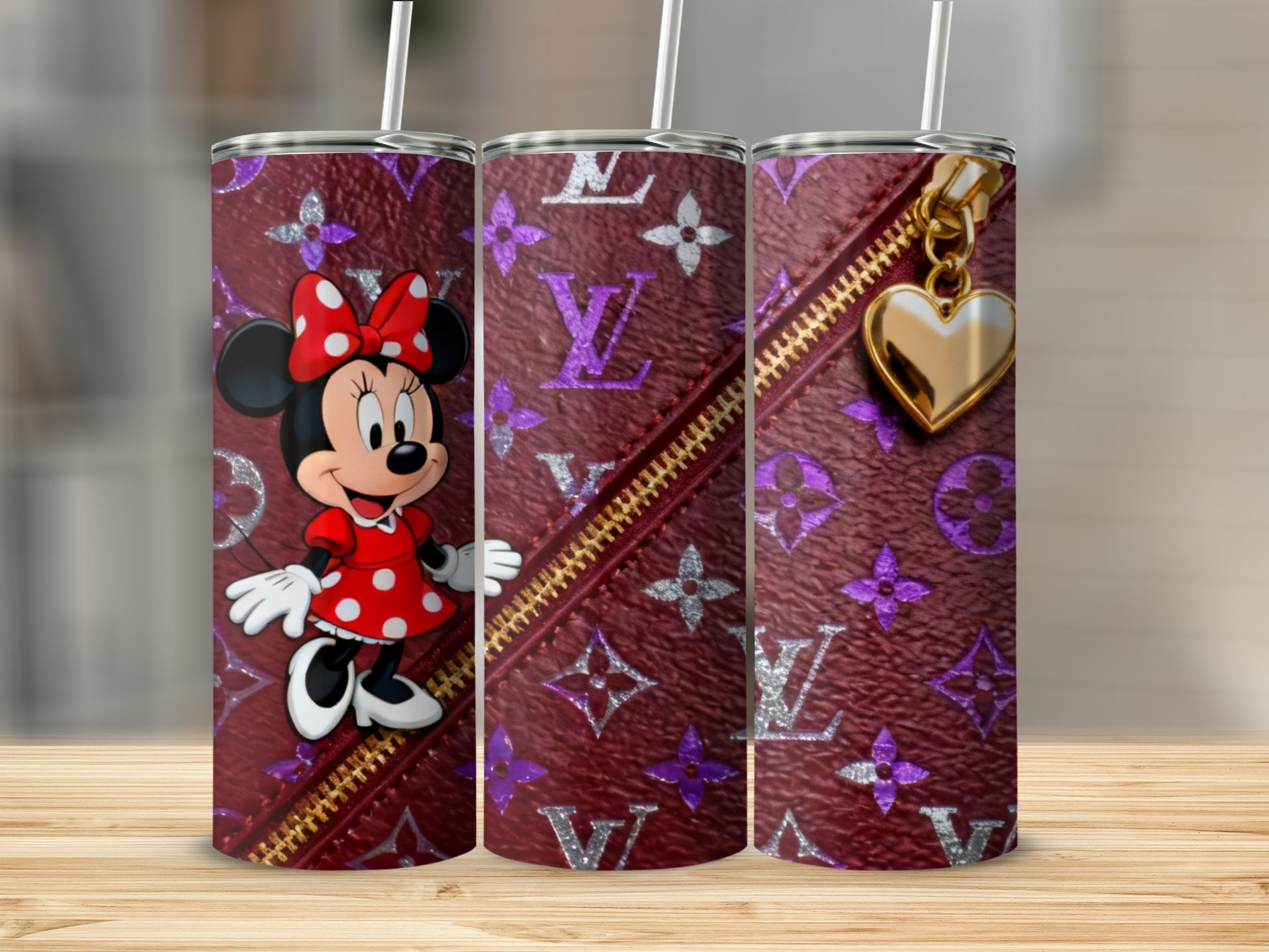Minnie Mouse on dark purple monogram tumbler with gold zipper detail.