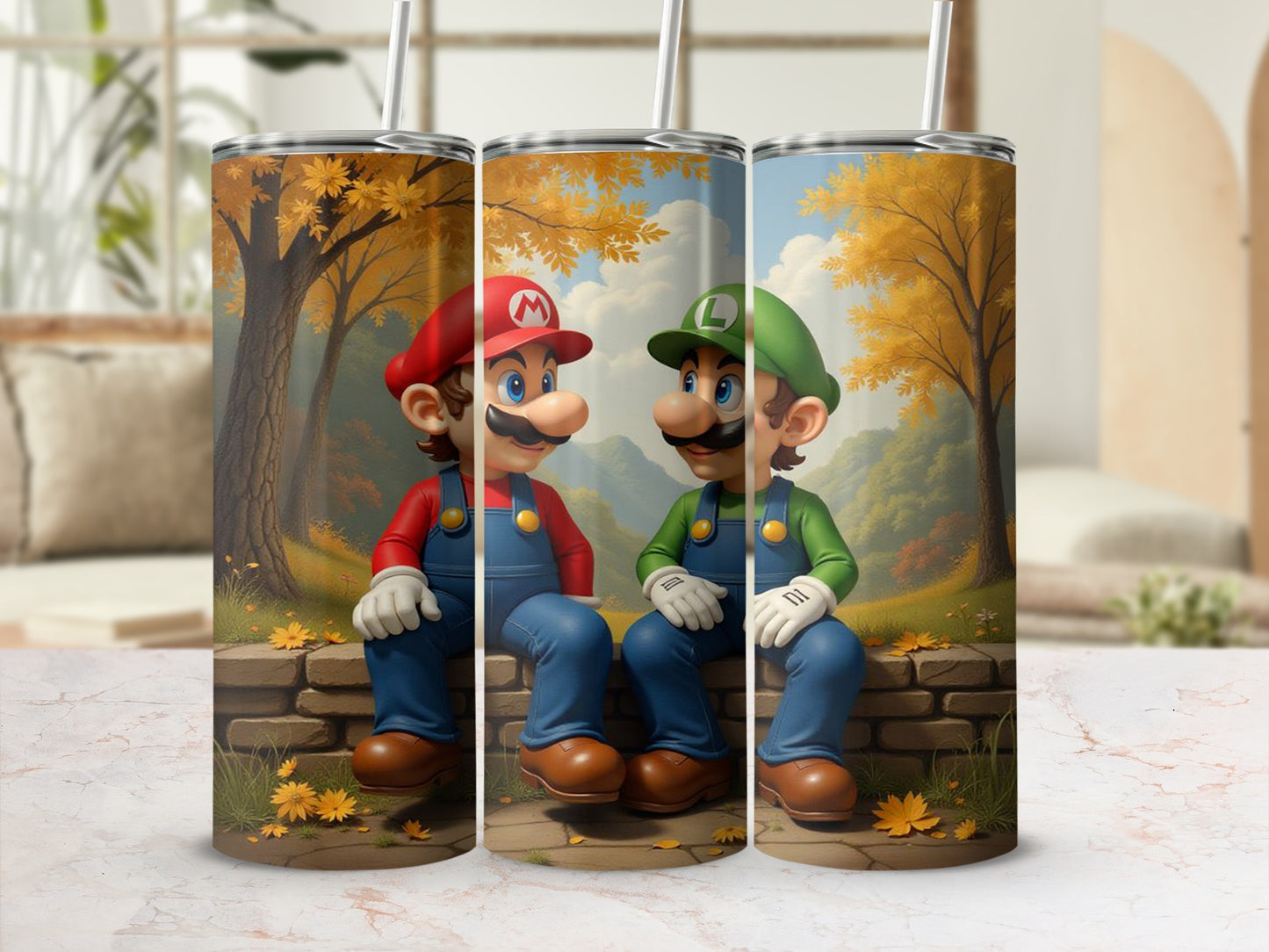 Mario and Luigi Tumbler Set with Autumn Background