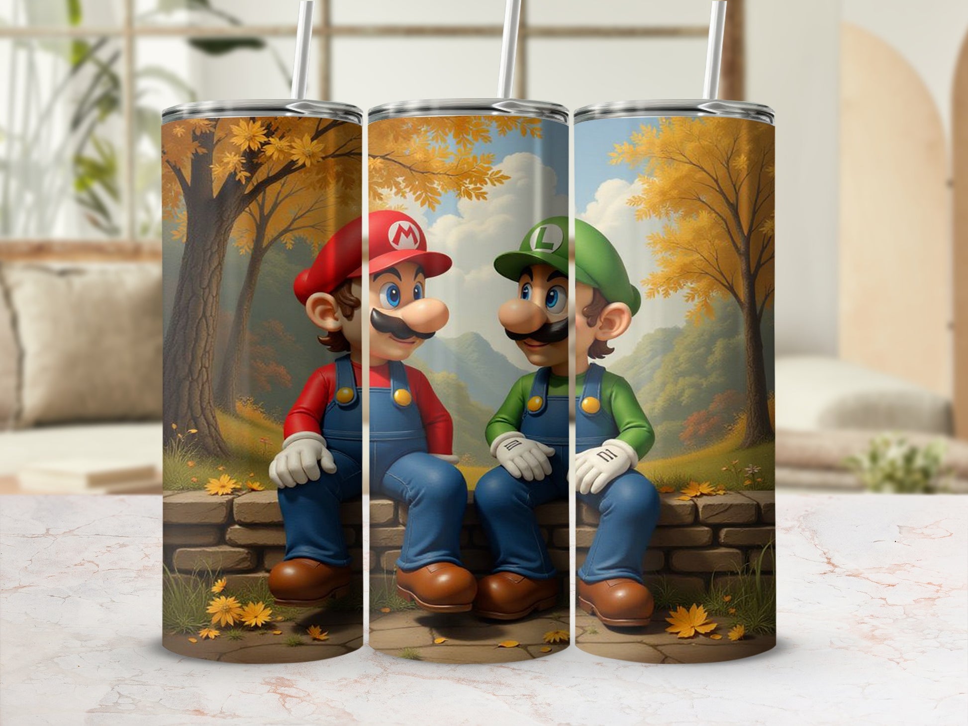 Mario and Luigi Tumbler Set with Autumn Background