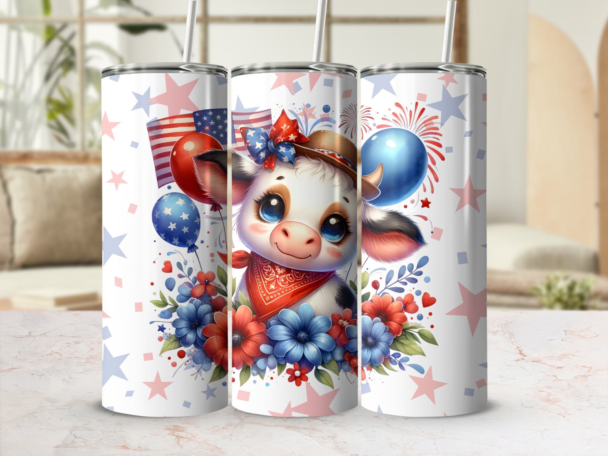 Cute cartoon cow with patriotic decorations on a tumbler.