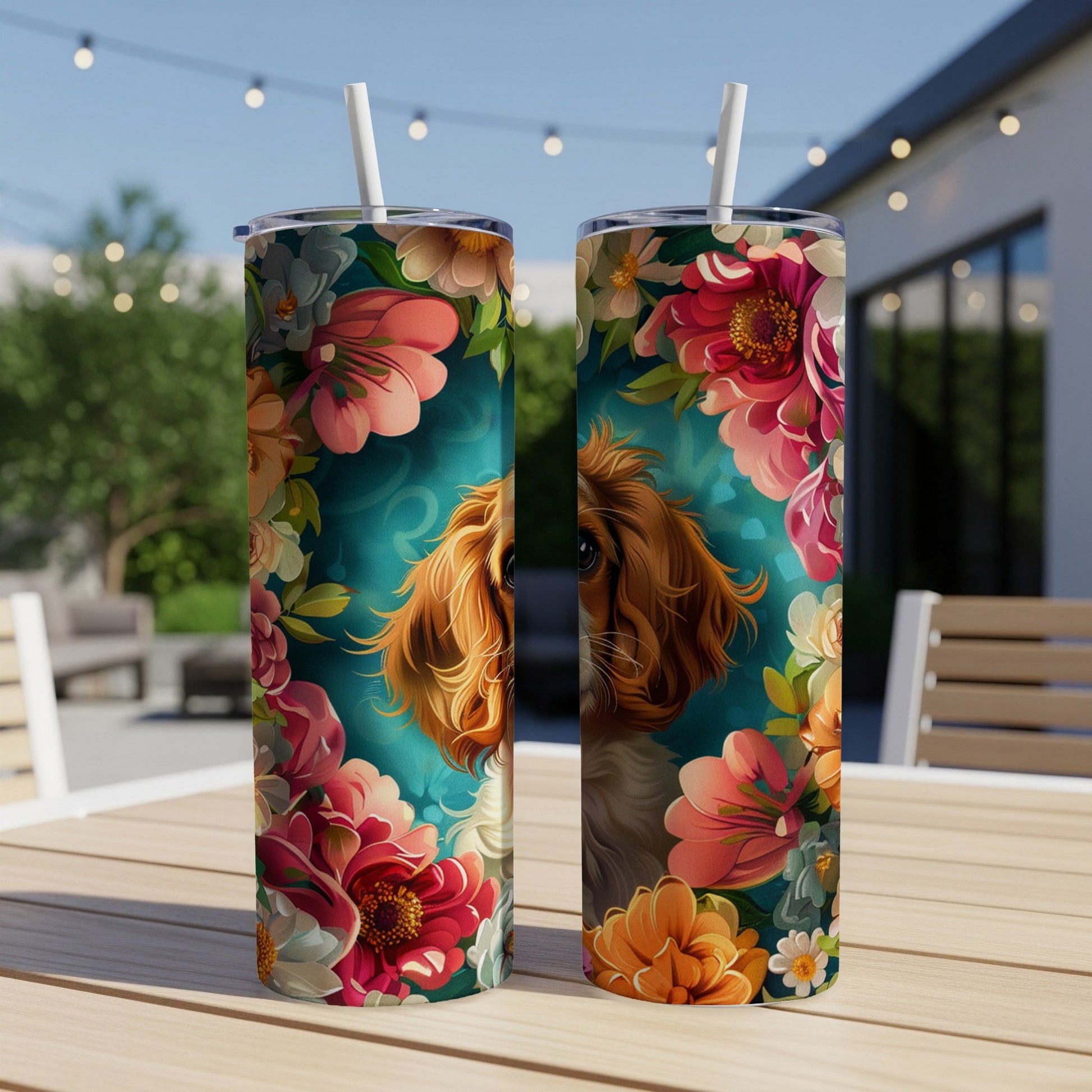 Two tumblers featuring a golden dog surrounded by colorful floral designs.