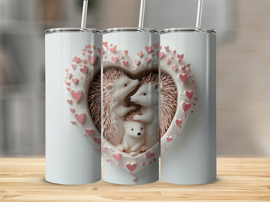 Three tumblers featuring a heart-shaped design with hedgehogs and pink hearts.