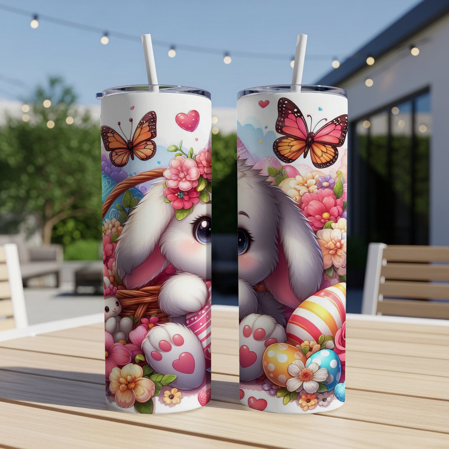Easter bunny in a basket with colorful eggs and butterflies.